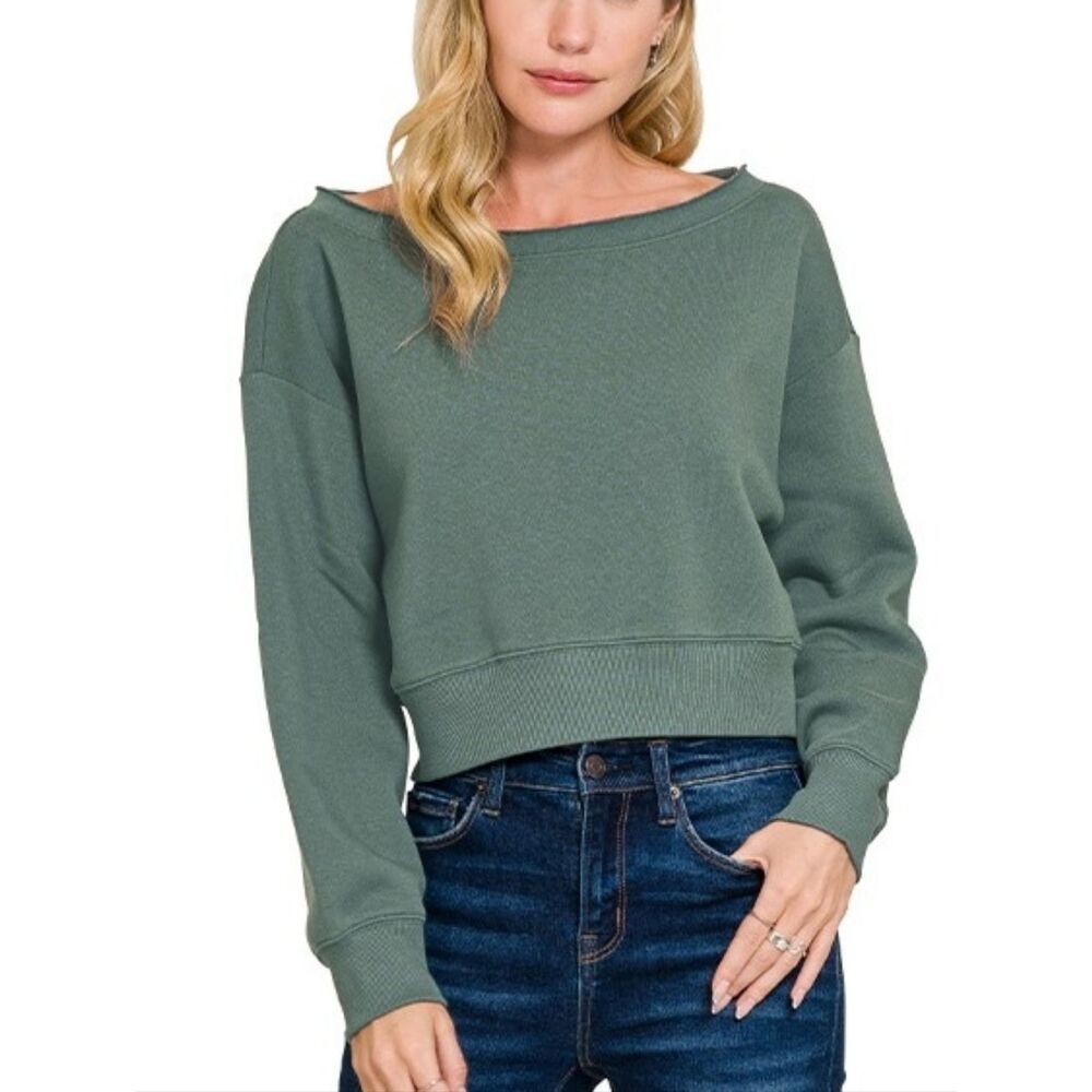 Zenana Fleece Boat-neck Sweatshirt Women’s Sage Green Cropped Boatneck Sweater s